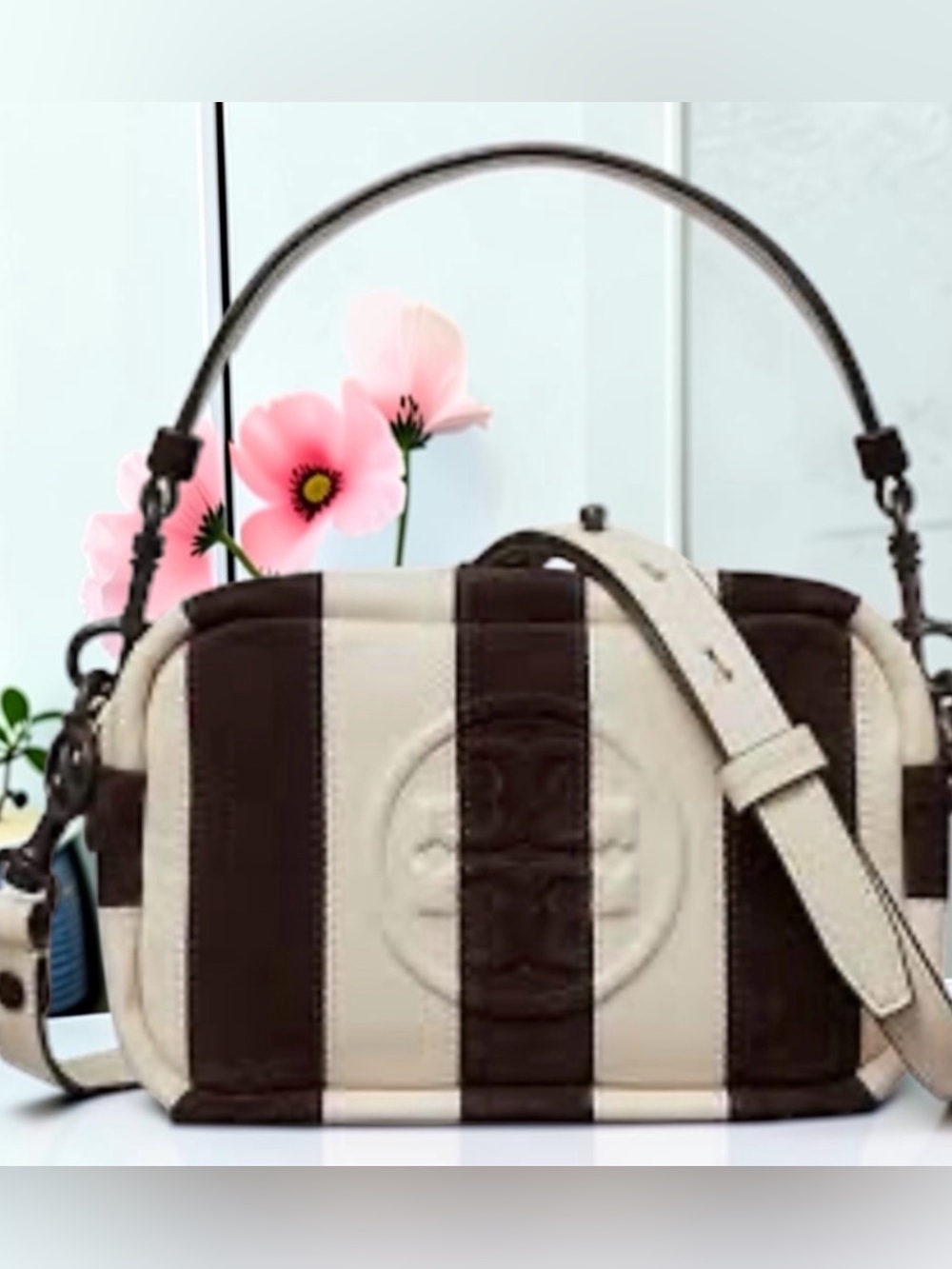 TORY BURCH RARE PERRY BOMBE STRIPE CROSSBODY BAG NEW IVORY/BROWN
